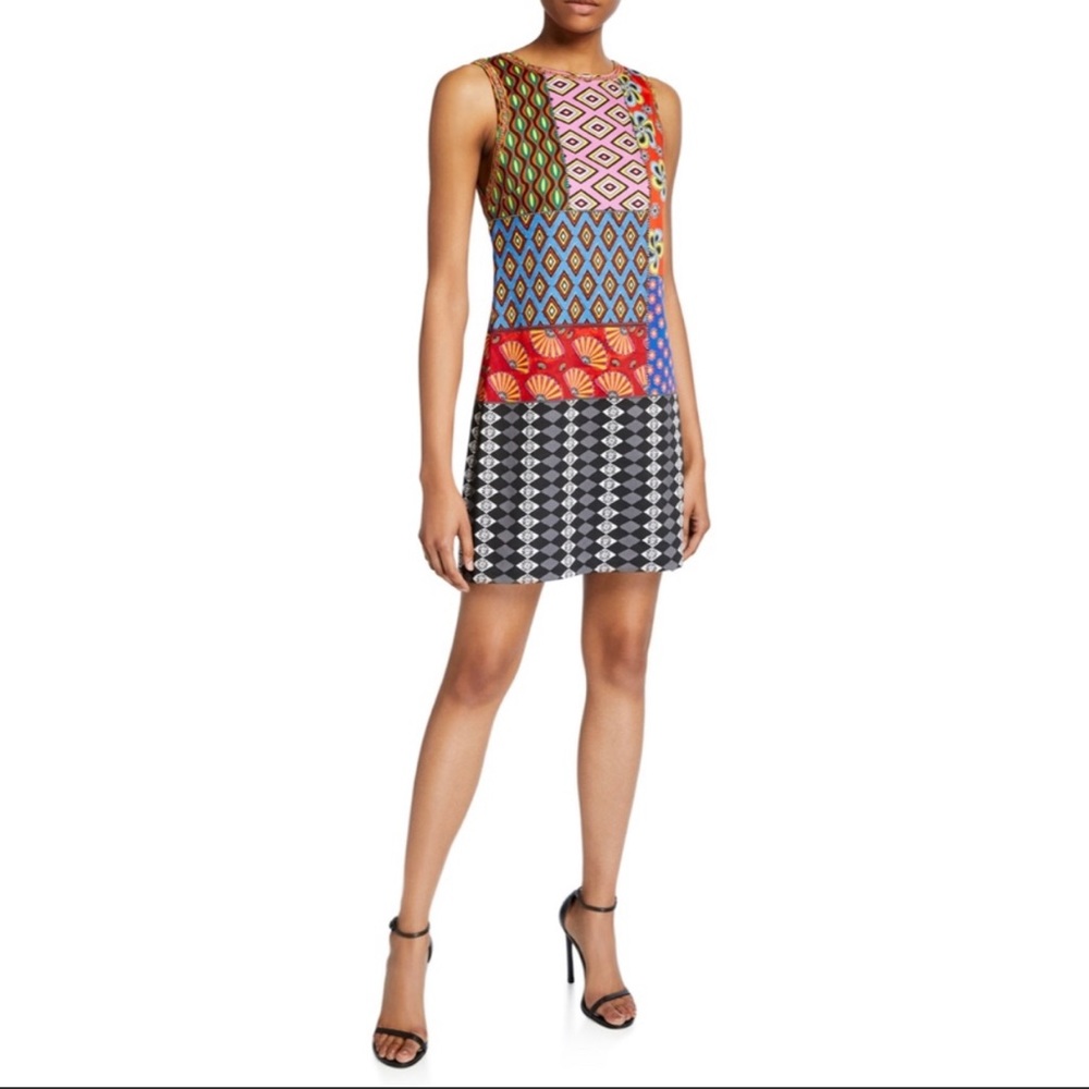 ALICE + OLIVIA X CARLA KRANENDONK CLYDE PATCHWORK SHIFT DRESS, size 4